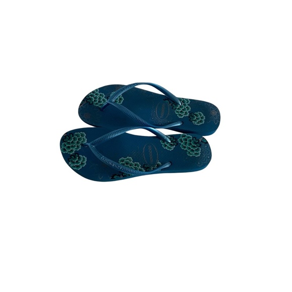 Havaianas Slim Flip Flops Thong Sandal Sz 9/10 Blue Floral Beach Organic Comfort - Picture 3 of 5